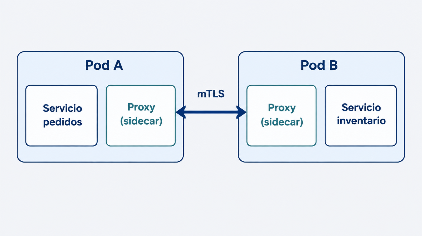 Patrón sidecar: en el Pod A el servicio de pedidos habla con su proxy sidecar local, que se conecta vía mTLS al proxy sidecar del Pod B, delante del servicio de inventario